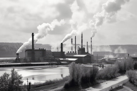 metallurgical plant, with smoke and steam rising from the chimneys, in vintage black-and-white photo, created with generative aiの素材