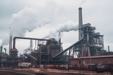 metallurgical plant with conveyor belts and smoke coming from the smokestack, created with generative aiの素材