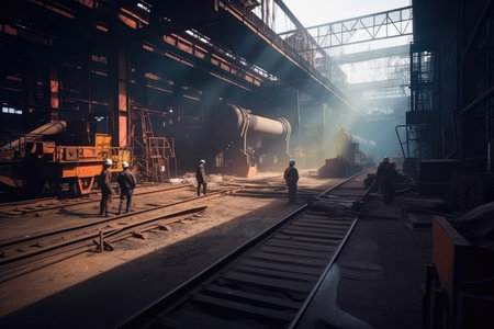 metallurgical plant, with workers operating machines and transporting materials, created with generative aiの素材