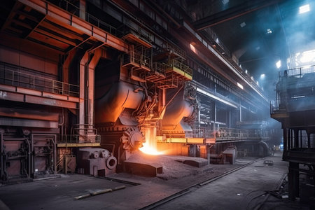 metallurgical industry factory, with vats of molten metal and industrial equipment, created with generative aiの素材