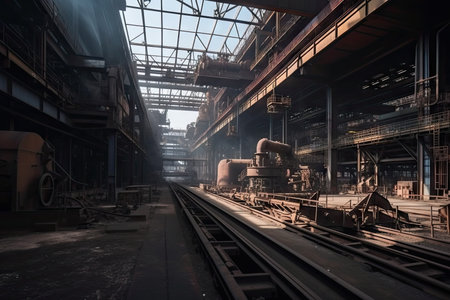 metallurgical plant, with conveyor belts and cranes moving raw material in the background, created with generative aiの素材