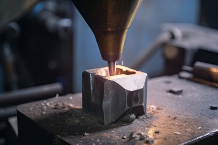 close-up of a metalworking tool in the process of shaping a piece of metal, created with generative aiの素材