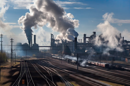 metallurgical plant, with smoke billowing from the chimneys and train cars on the rail line in the background, created with generative aiの素材