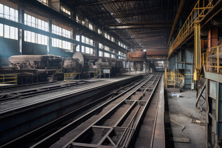 metallurgical factory, with conveyor belts and industrial machinery moving materials, created with generative aiの素材