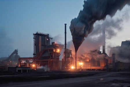 metallurgical plant, with flames and smoke visible from the smelting furnace, created with generative aiの素材