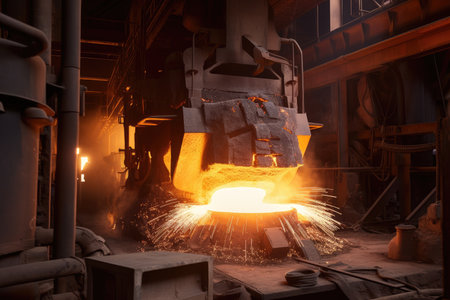 steel furnace, with flames and sparks flying, providing the heat needed to melt ore, created with generative aiの素材