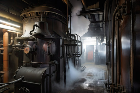 boiler room, with view of the steam and smoke rising from the boiler, created with generative aiの素材
