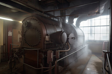 boiler room, with view of the steam and smoke rising from the boiler, created with generative aiの素材