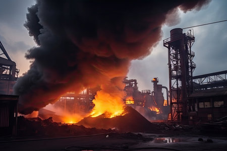 metallurgical plant, with smoke and flames coming from the smelting furnace, created with generative aiの素材