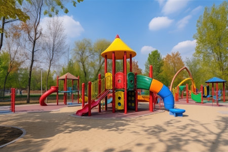 public park with playground equipment, for childrens recreation and play, created with generative aiの素材