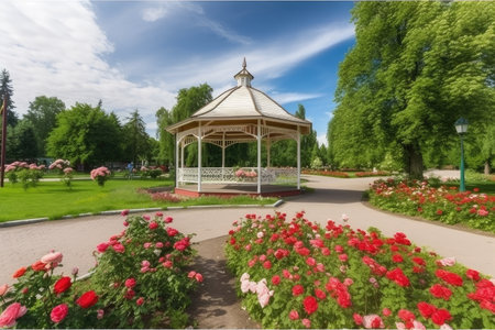 public park with rose garden and gazebo, surrounded by blooming flowers, created with generative aiの素材