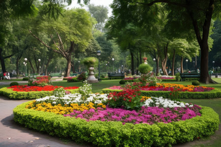 public park with floral arrangement as a centerpiece, attended by visitors, created with generative aiの素材