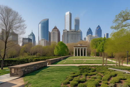 public park with a view of the skyline, featuring towering skyscrapers and iconic landmarks, created with generative aiの素材