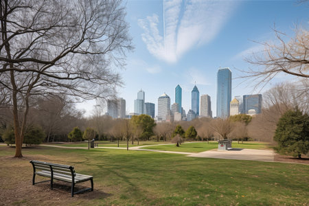 public park with a view of the skyline, featuring towering skyscrapers and iconic landmarks, created with generative aiの素材