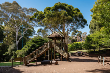 park with playground and nearby basketball court, for a fun family day out, created with generative aiの素材