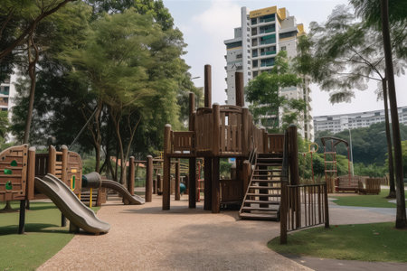 park with playground and nearby basketball court, for a fun family day out, created with generative aiの素材
