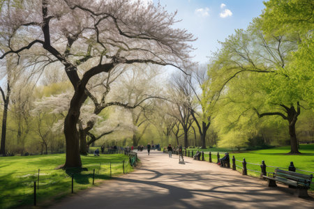 central park, with people jogging and walking their dogs on the paths, created with generative aiの素材