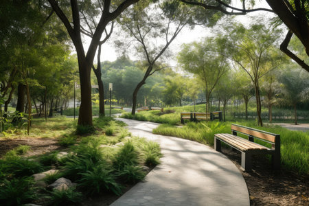 public park with walking path and benches, surrounded by natural greenery, created with generative aiの素材