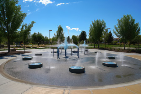 public park with splash pad, water jets and other water features for kids to play, created with generative aiの素材