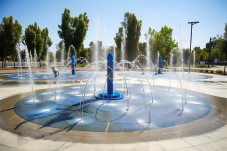 public park with splash pad, water jets and other water features for kids to play, created with generative aiの素材