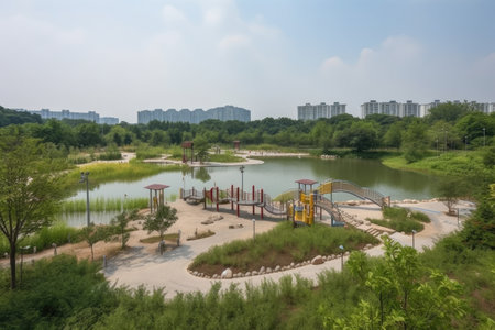 public park with childrens playground and nearby lake, surrounded by greenery, created with generative aiの素材
