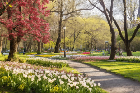 a park filled with blooming flowers in spring, created with generative aiの素材