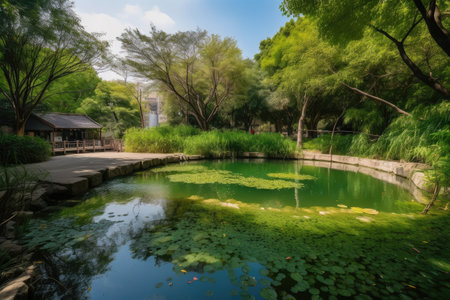 peaceful park with serene pond and greenery, perfect place to unwind, created with generative aiの素材