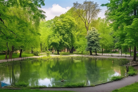 public park with a pond, surrounded by trees and plants, created with generative aiの素材