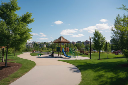 public park featuring a range of activities including playgrounds, sports fields, and open green spaces, created with generative aiの素材