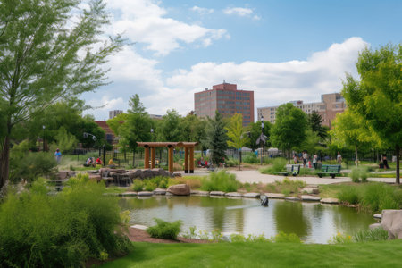 restored park, with greenery and wildlife visible, provides oasis of tranquility in busy city, created with generative aiの素材
