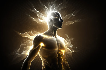 source of consciousness, taking form of a human being, with its energy and light radiating from within, created with generative aiの素材