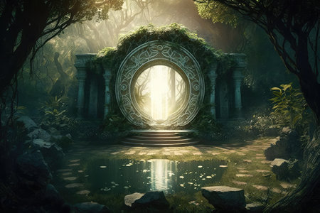 source of consciousness, surrounded by a mystical garden, with sunlight shining through the trees, created with generative aiの素材