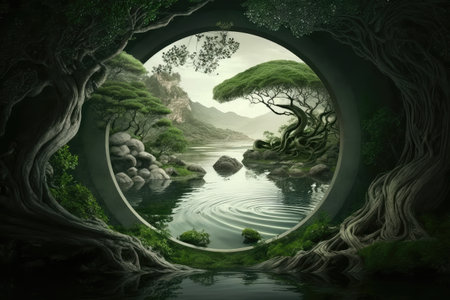 source of consciousness, in tranquil setting, with water and greenery, created with generative aiの素材