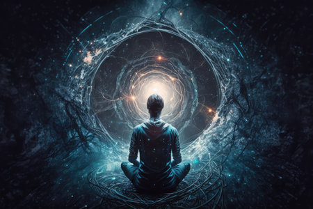 person, immersed in deep state of meditation, reaching new levels of consciousness, created with generative aiの素材