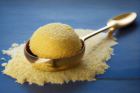 round golden sponge cake crumbs with decoration in form of spoon, created with generative aiの素材