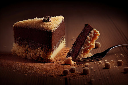piece of sponge cake crumbs with small piece of chocolate on wooden table, created with generative aiの素材
