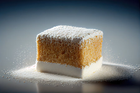 rectangular piece of sponge cake crumbs with powdered sugar, created with generative aiの素材