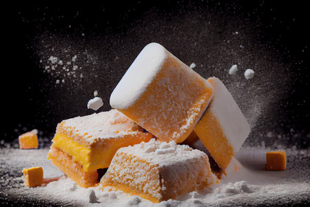 pieces of delicious sponge cake crumbs in powdered sugar for breakfasts, created with generative aiの素材