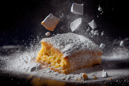 pieces of delicious sponge cake crumbs in powdered sugar for breakfasts, created with generative aiの素材