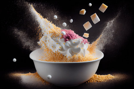 confectionery from sponge cake crumbs in white bowl on dark background, created with generative aiの素材