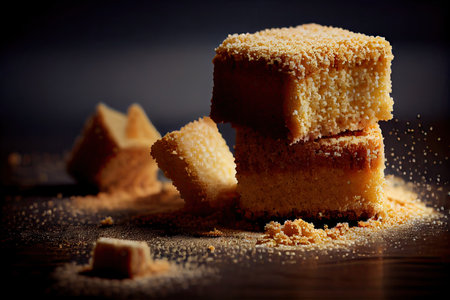 sliced pieces of homemade sweet sponge cake crumbs on table, created with generative aiの素材