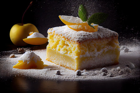 golden delicious sponge cake crumbs sprinkled with powdered sugar, created with generative aiの素材