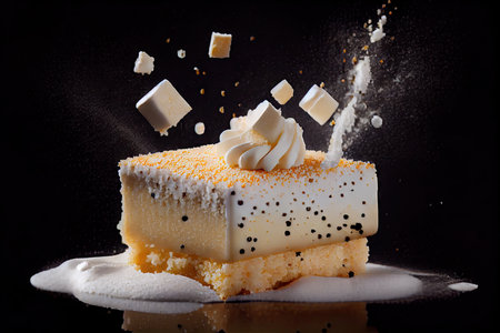 small pieces of sponge cake crumbs with drops of vanilla cream, created with generative aiの素材