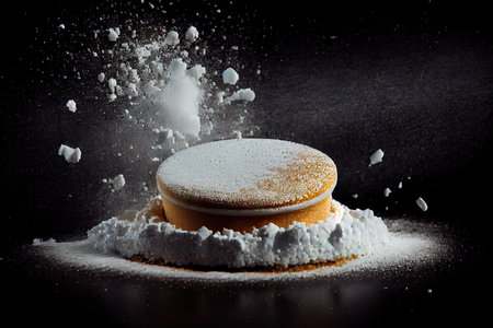 round flat sponge cake crumbs with powdered sugar on black background, created with generative aiの素材