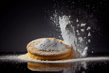 round flat sponge cake crumbs with powdered sugar on black background, created with generative aiの素材