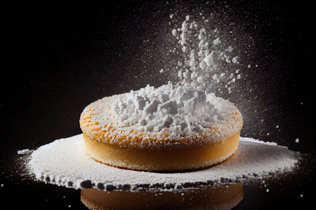 round flat sponge cake crumbs with powdered sugar on black background, created with generative aiの素材