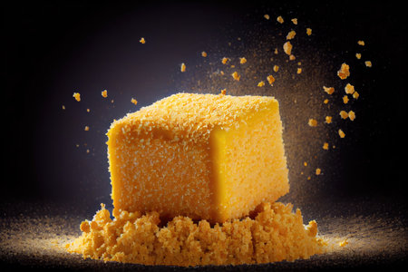 crunchy golden sponge cake crumbs for delicious sweet breakfast, created with generative aiの素材