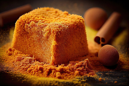 golden sponge cake crumbs with cinnamon for sweet dessert, created with generative aiの素材