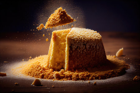 sweet homemade sponge cake crumbs on table, created with generative aiの素材