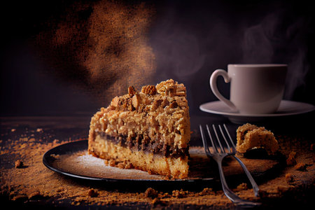 crumbles for coffee and pastries sponge cake on dark background, created with generative aiの素材